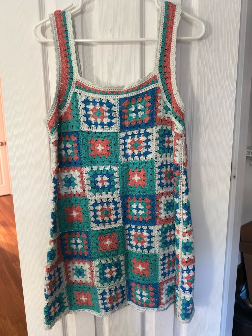 Cotton Emporium Crochet Patchwork Mini Dress - Teal, Coral & White